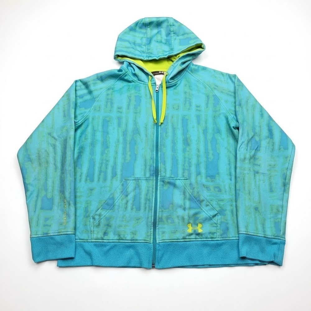 Under Armour Womens Large Hoodie Turquoise Green Full Zip Fleece Glitch Pattern